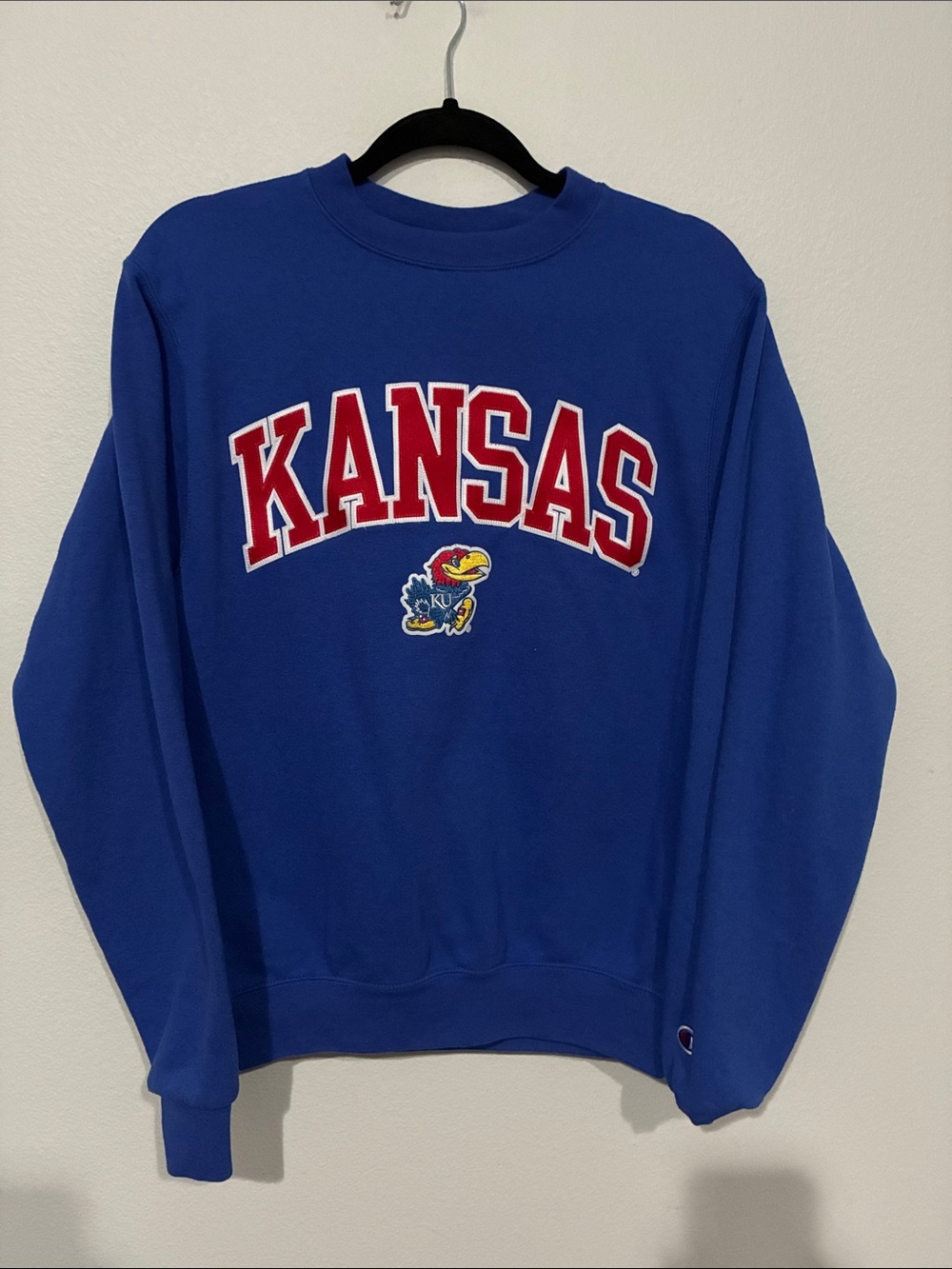 Champion Royal Blue Kansas KU Jayhawk Crewneck Sweatshirt with Red Lettering - Picture 3 of 9